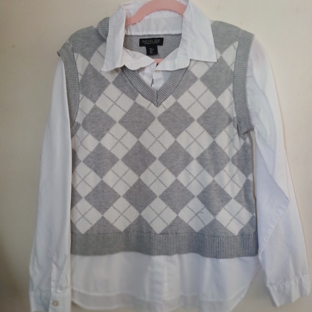 Rachel Zoe Gray and White Argyle Sweater Vest with Shirt
